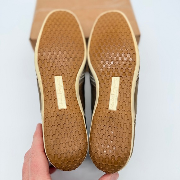 Salvatore Ferragamo Gold Mesh Leather Low Top Sneakers Womens 7C Beige - Picture 3 of 13